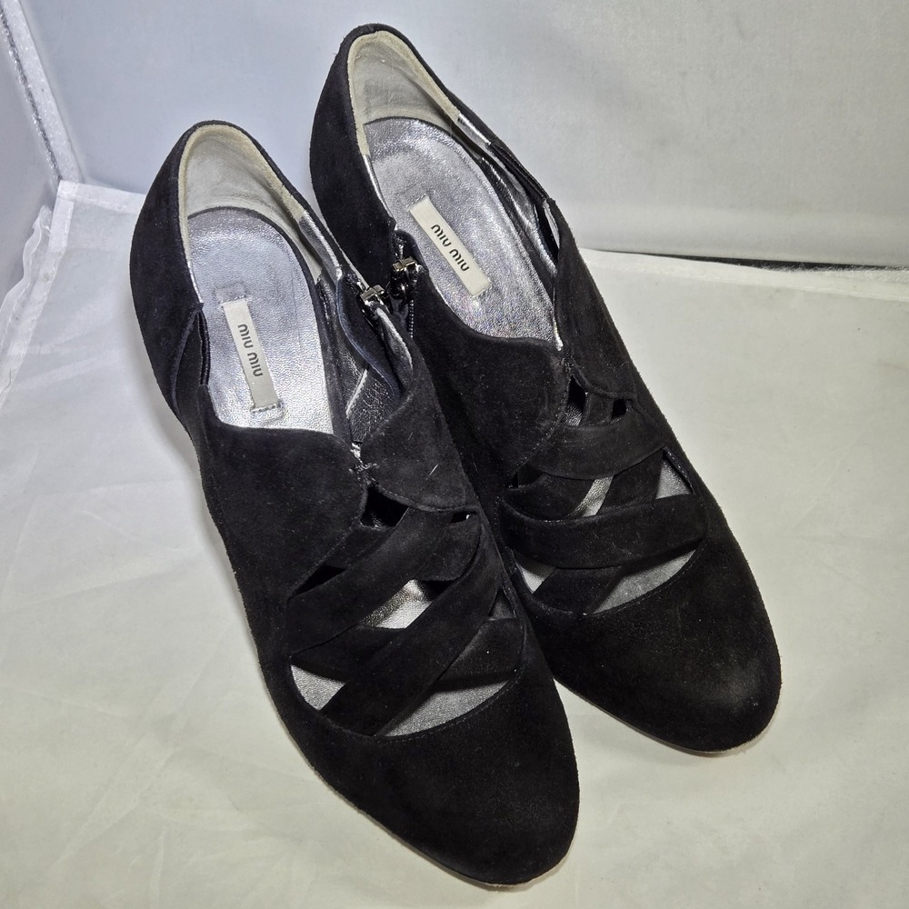 Miu Miu Heels Black Suede Leather‎ Caged Cross Open Toe Women's Shoes Size 36